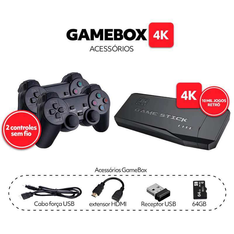 GameBox 4K® 10.000 Jogos Retrô [2 Controle sem Fio]